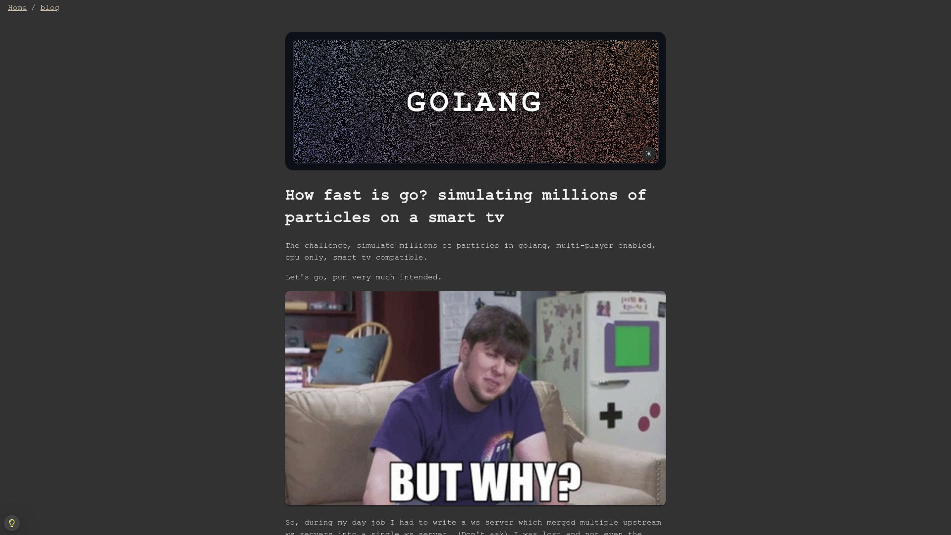 Screenshot of dgerrells.com: How fast is Go? Simulating particles on a smart TV