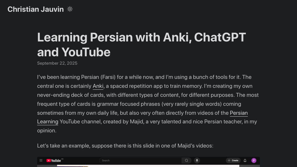 Screenshot of cjauvin.github.io: Learning Persian with Anki, ChatGPT and YouTube