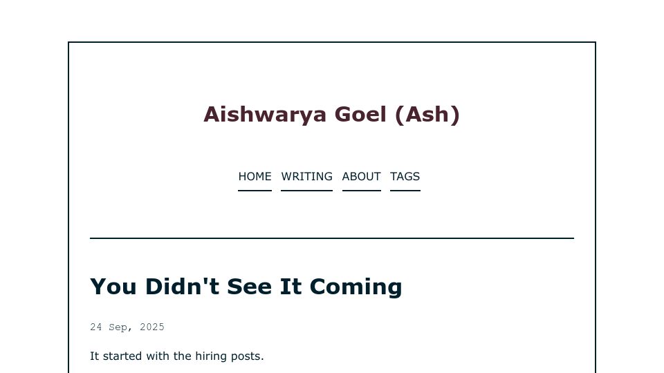Screenshot of aishwaryagoel.com: You didn't see it coming