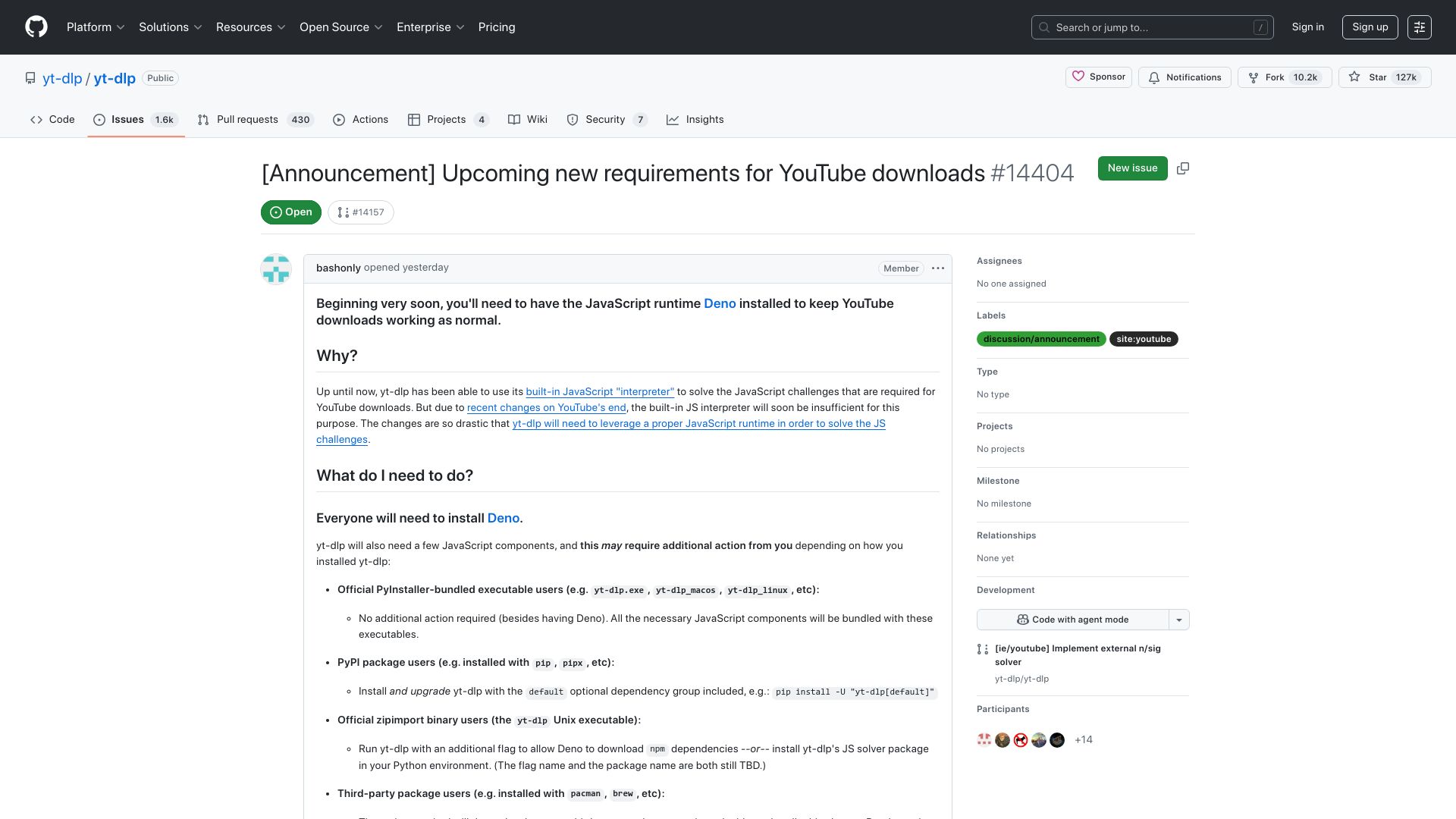 Screenshot of github.com: Yt-dlp: Upcoming new requirements for YouTube downloads