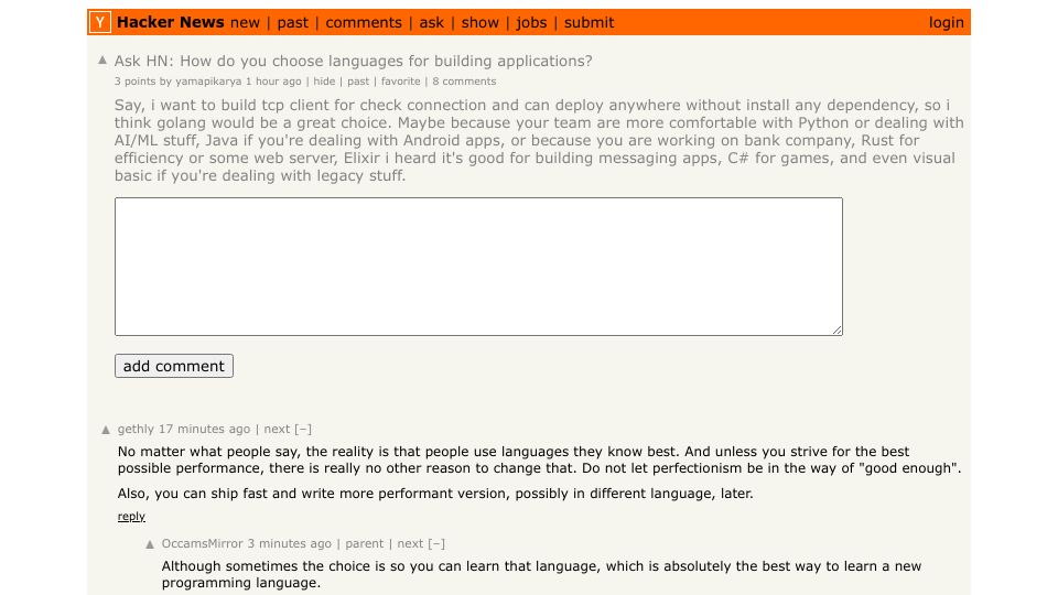Screenshot of Hacker News post: Ask HN: How do you choose languages for building applications?