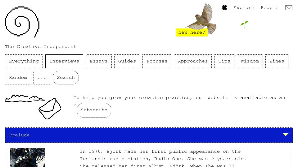 Screenshot of thecreativeindependent.com: Björk on nature and technology (2016)