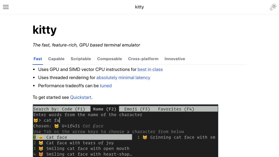 Screenshot of sw.kovidgoyal.net: Kitty – GPU based terminal emulator
