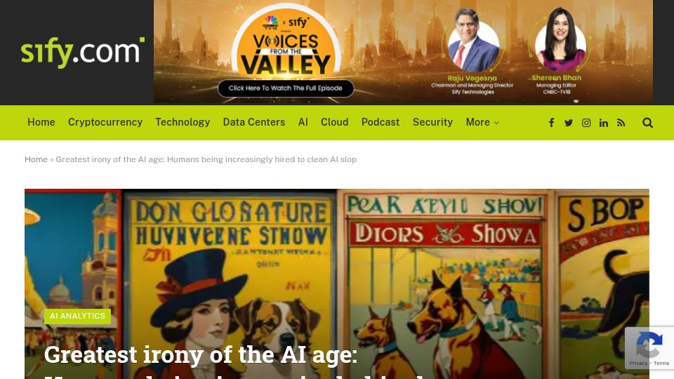 Screenshot of sify.com: Greatest irony of the AI age: Humans hired to clean AI slop