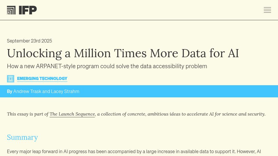Screenshot of ifp.org: Unlocking a Million Times More Data for AI