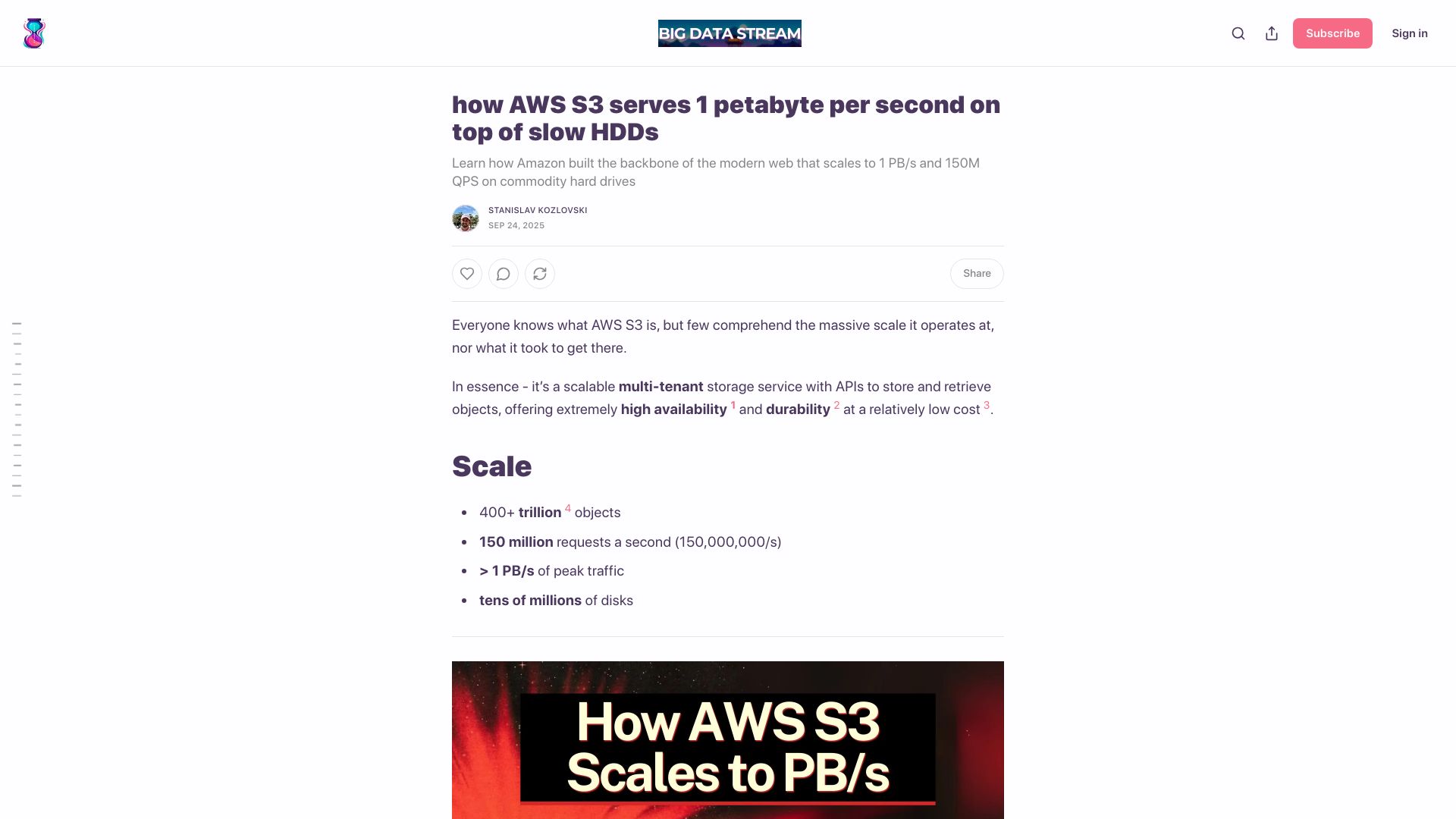 Screenshot of bigdata.2minutestreaming.com: How AWS S3 serves 1 petabyte per second on top of slow HDDs