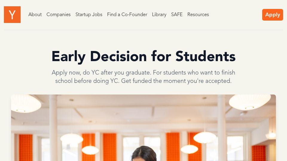 Screenshot of ycombinator.com: Do YC after you graduate: Early decision for students