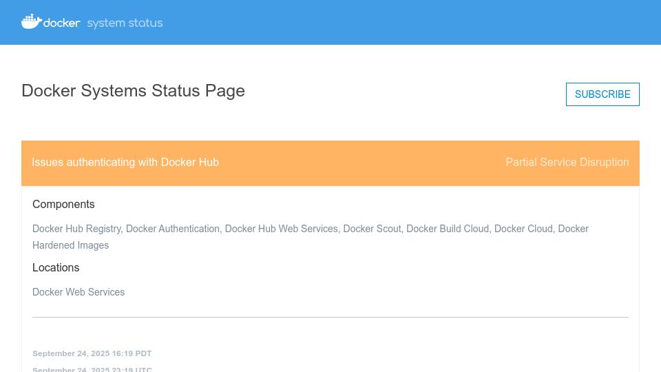 Screenshot of dockerstatus.com: Docker Hub Is Down