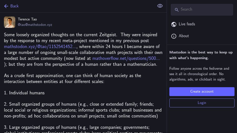 Screenshot of mathstodon.xyz: Terence Tao: The role of small organizations in society has shrunk significantly