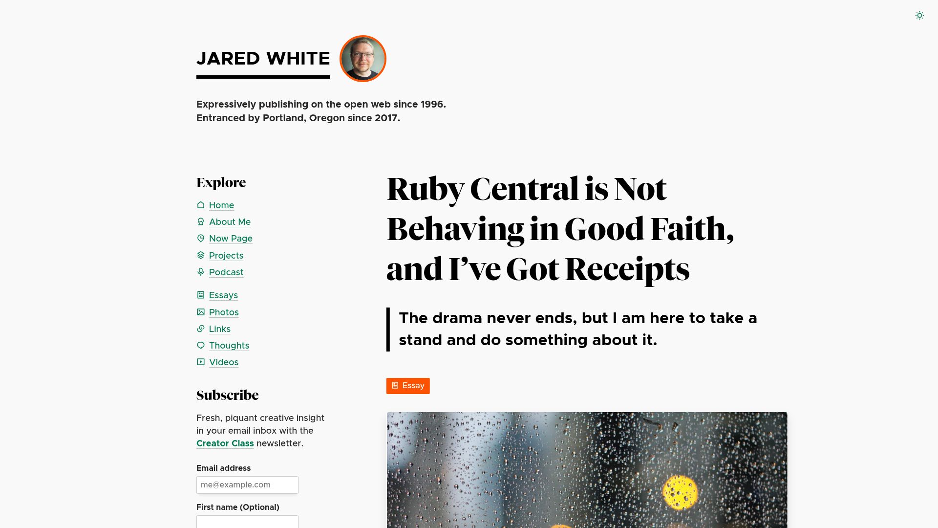 Screenshot of jaredwhite.com: Ruby Central Is Not Behaving in Good Faith, and I've Got Receipts