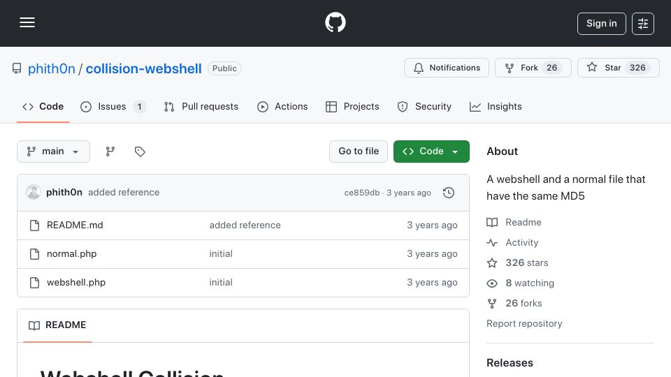 Screenshot of github.com: A webshell and a normal file that have the same MD5