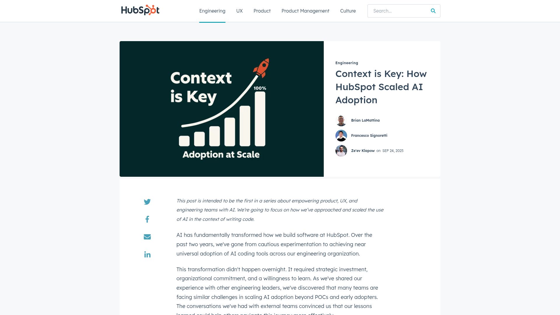 Screenshot of product.hubspot.com: How HubSpot Scaled AI Adoption