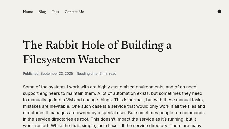 Screenshot of amandeepsp.github.io: Building a Custom eBPF Filesystem Watcher to Catch Root Ownership Goofs