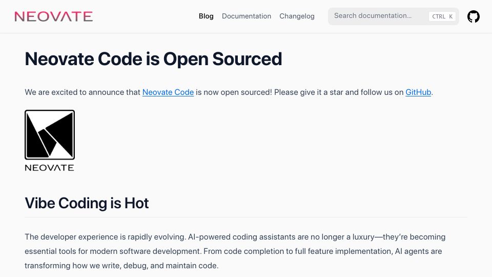 Screenshot of neovateai.dev: Neovate Code Is Open Sourced