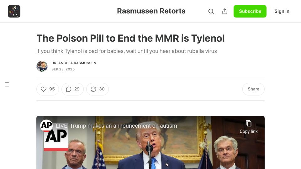 Screenshot of rasmussenretorts.substack.com: The Poison Pill to End the MMR Is Tylenol