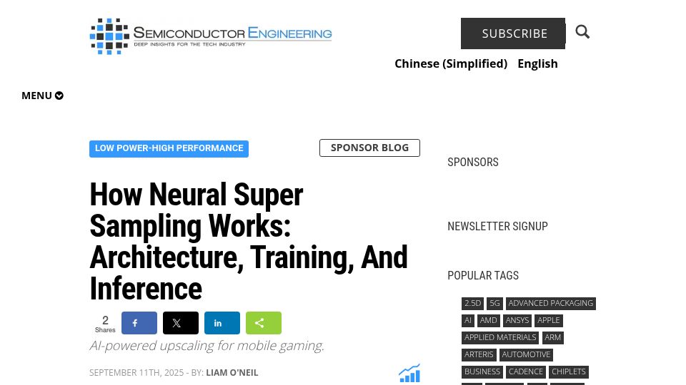 Screenshot of semiengineering.com: How Neural Super Sampling Works: Architecture, Training, and Inference