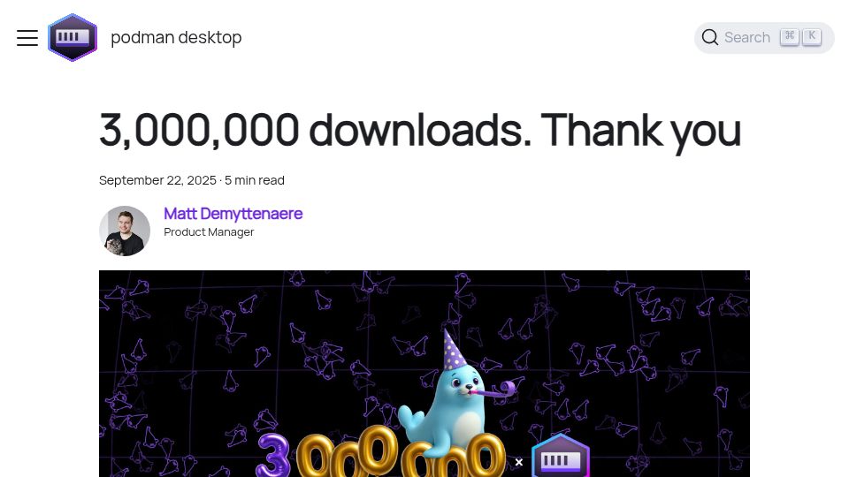 Screenshot of podman-desktop.io: Podman Desktop celebrates 3M downloads