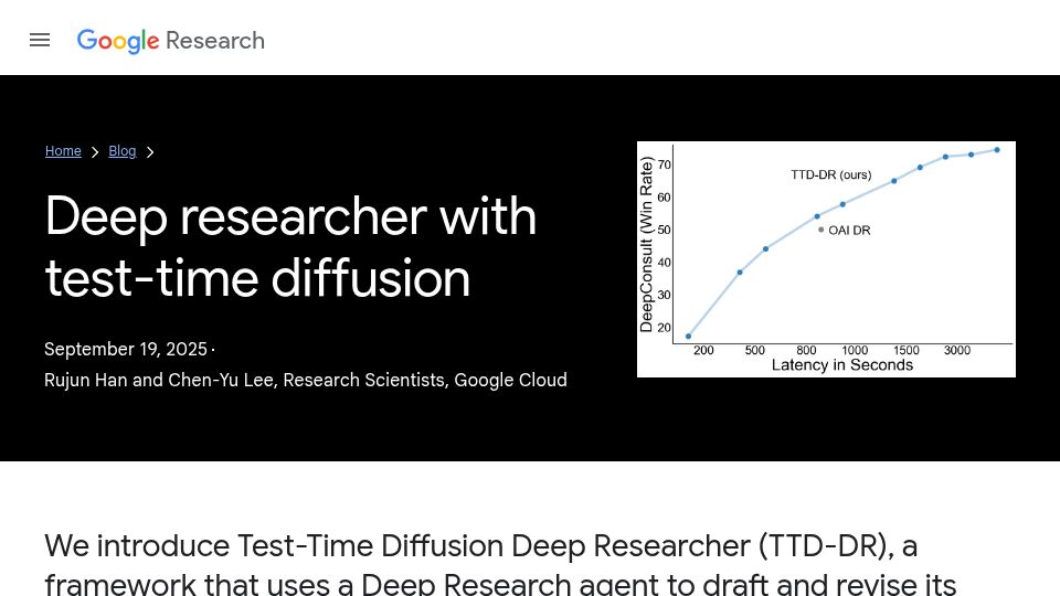 Screenshot of research.google: Deep researcher with test-time diffusion
