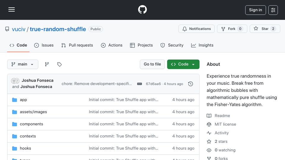 Screenshot of github.com: Bring true randomness to Spotify with Fisher-Yates shuffle