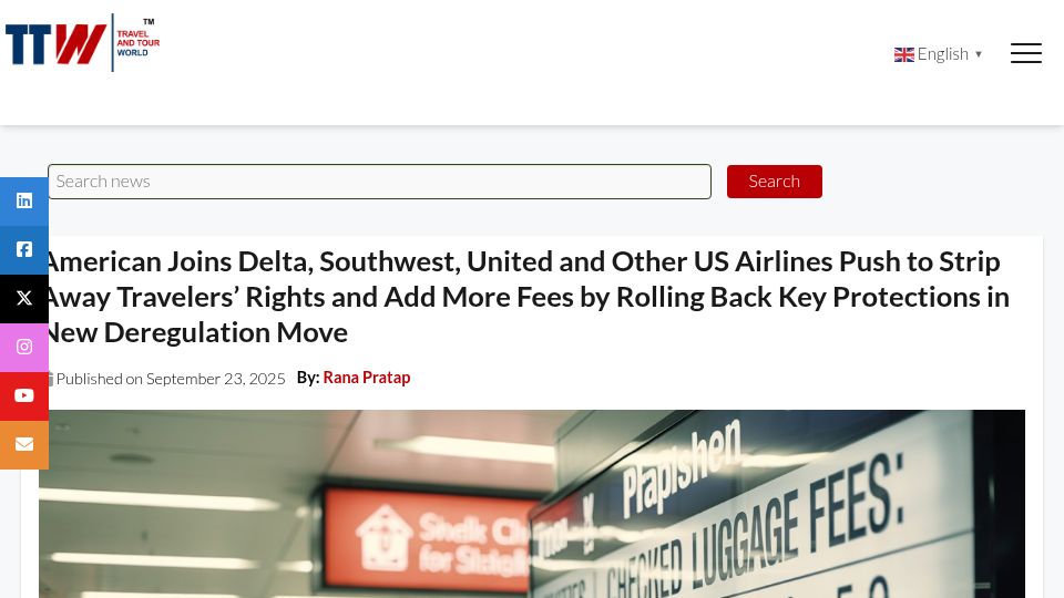 Screenshot of travelandtourworld.com: US airlines are pushing to remove protections for passengers and add more fees