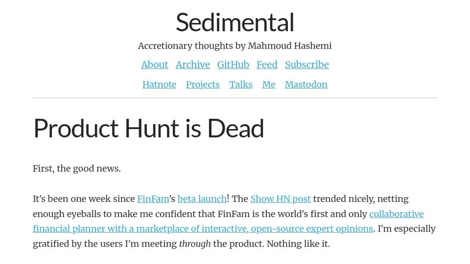 Screenshot of sedimental.org: Product Hunt is dead