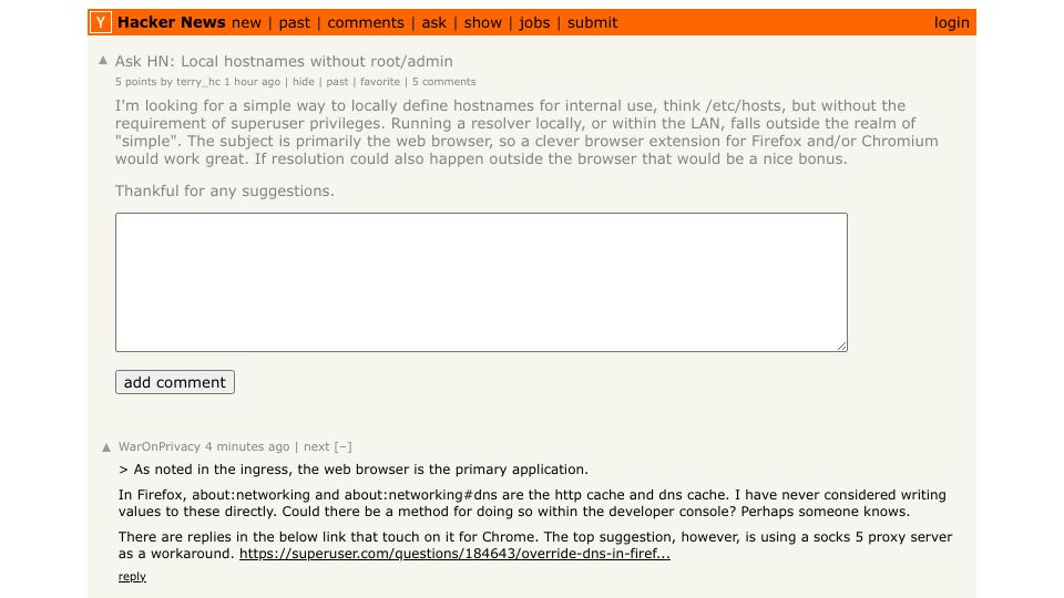 Screenshot of Hacker News post: Ask HN: Local hostnames without root/admin