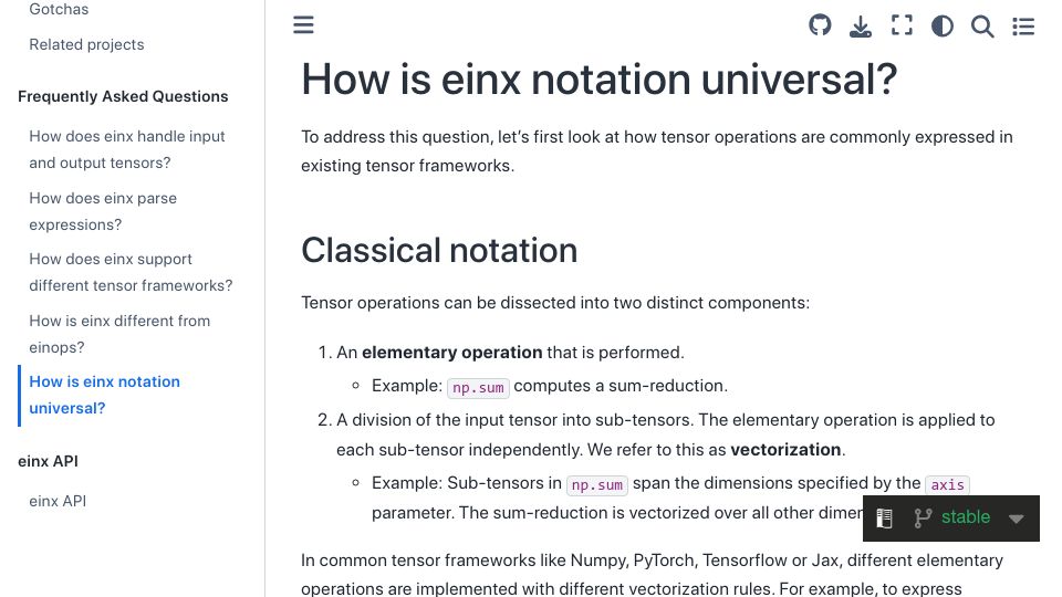 Screenshot of einx.readthedocs.io: How is einx notation universal?