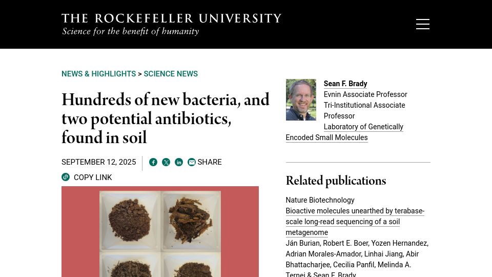 Screenshot of rockefeller.edu: New bacteria, and two potential antibiotics, discovered in soil