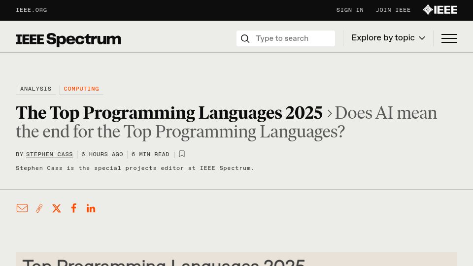 Screenshot of spectrum.ieee.org: Top Programming Languages 2025