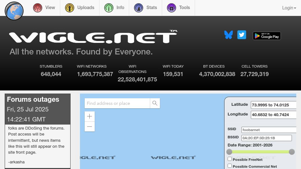 Screenshot of wigle.net: WiGLE: Wireless Network Mapping
