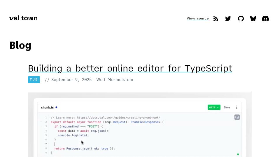Screenshot of blog.val.town: Building a better online editor for TypeScript