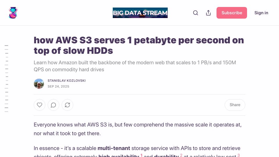 Screenshot of bigdata.2minutestreaming.com: How AWS S3 serves 1 petabyte per second on top of slow HDDs
