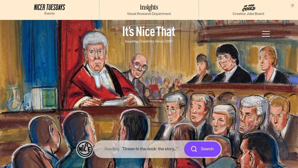 Screenshot of itsnicethat.com: Drawn in the dock: the story of UK courtroom illustration (2020)