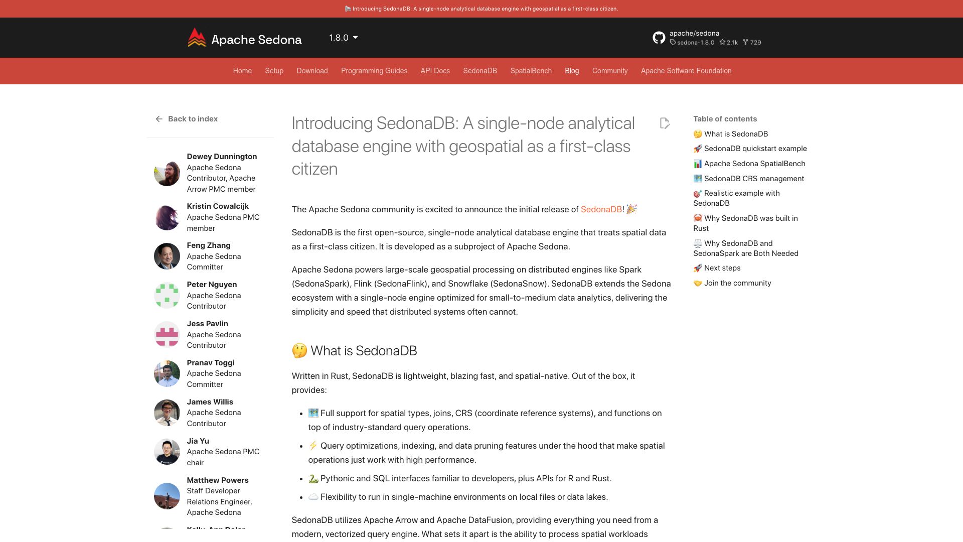 Screenshot of sedona.apache.org: SedonaDB: A new geospatial DataFrame library written in Rust