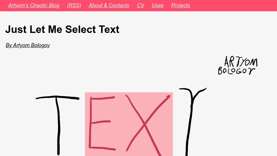 Screenshot of aartaka.me: Just let me select text
