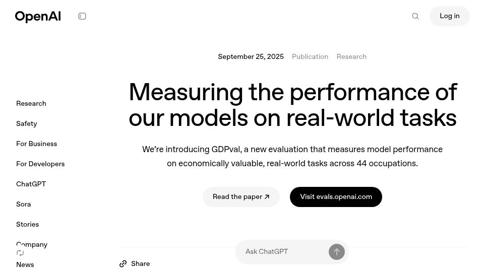 Screenshot of openai.com: GDPVal: Measuring the performance of our models on real-world tasks