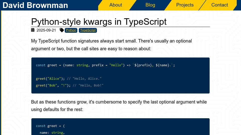 Screenshot of xavd.id: Python-Style Kwargs in TypeScript