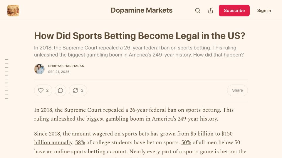 Screenshot of shreyashariharan.substack.com: How did sports betting become legal in the US?