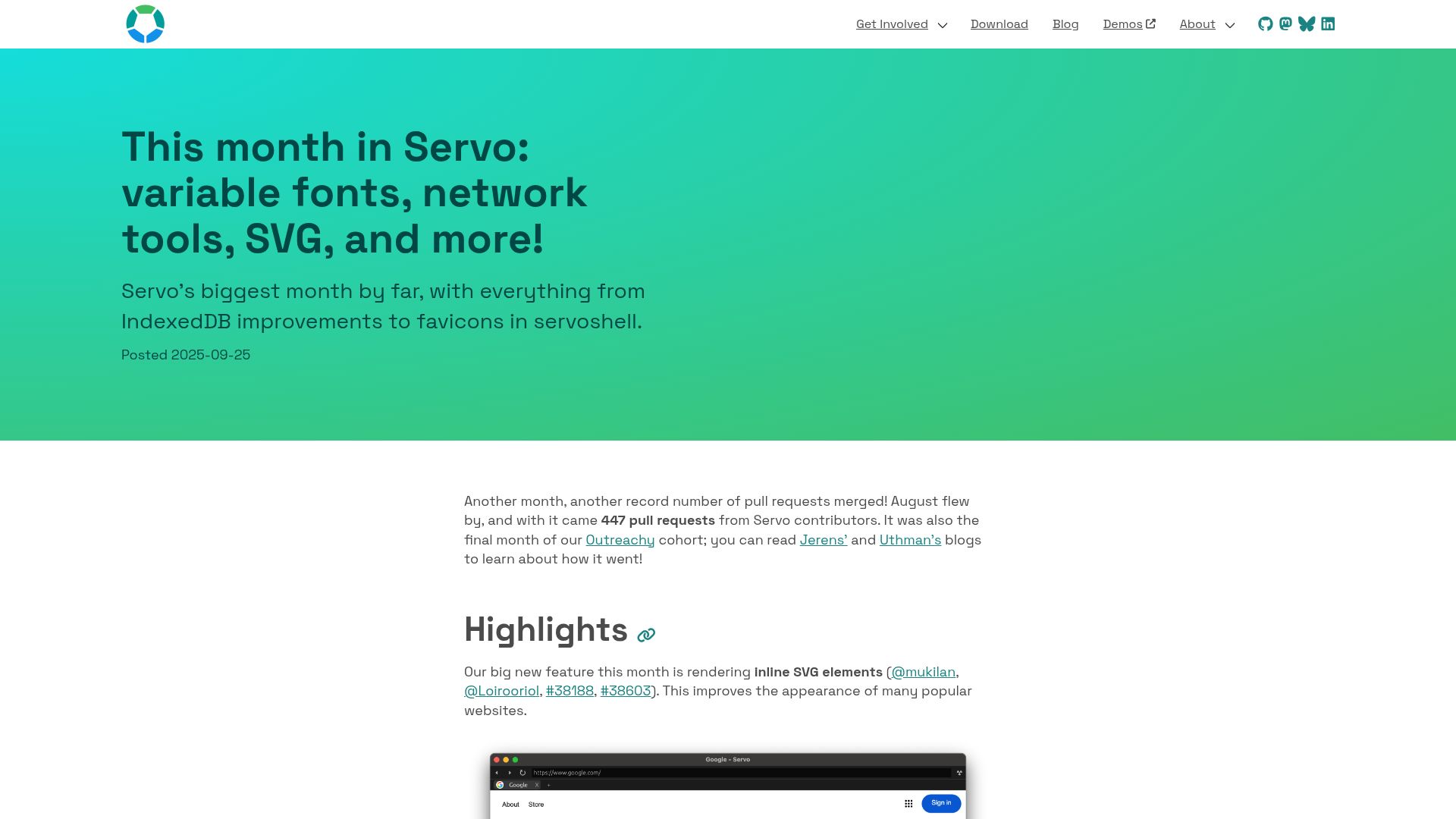 Screenshot of servo.org: This month in Servo: variable fonts, network tools, SVG