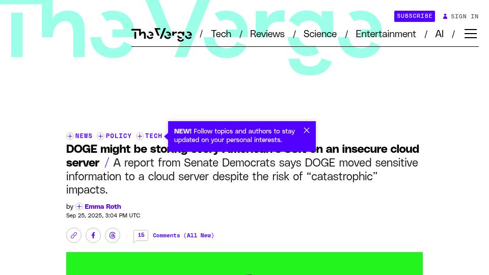 Screenshot of theverge.com: DOGE might be storing every American's SSN on an insecure cloud server