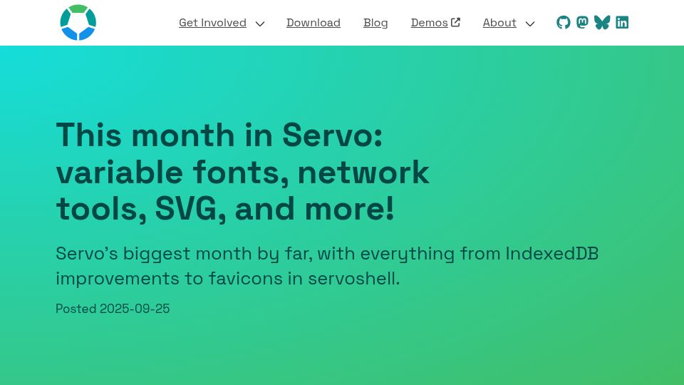 Screenshot of servo.org: This month in Servo: variable fonts, network tools, SVG