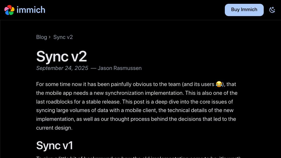 Screenshot of immich.app: Immich mobile app sync V2