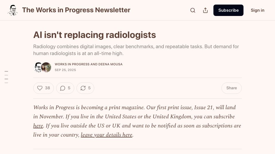 Screenshot of worksinprogress.news: Demand for human radiologists is at an all-time high