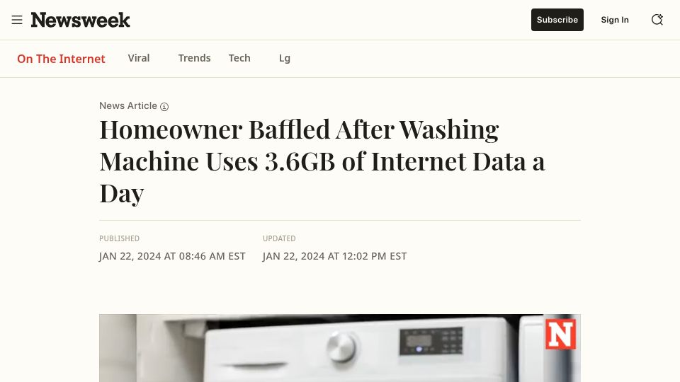 Screenshot of newsweek.com: Homeowner baffled after washing machine uses 3.6GB of internet data a day (2024)