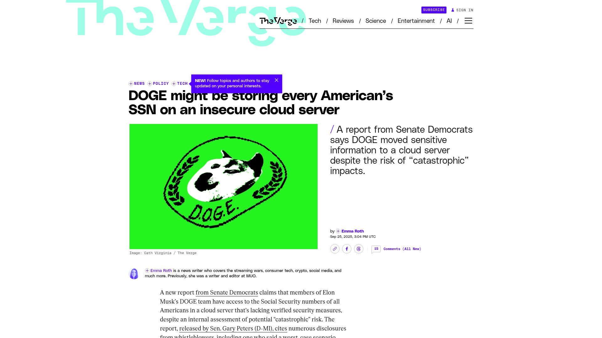 Screenshot of theverge.com: DOGE might be storing every American's SSN on an insecure cloud server