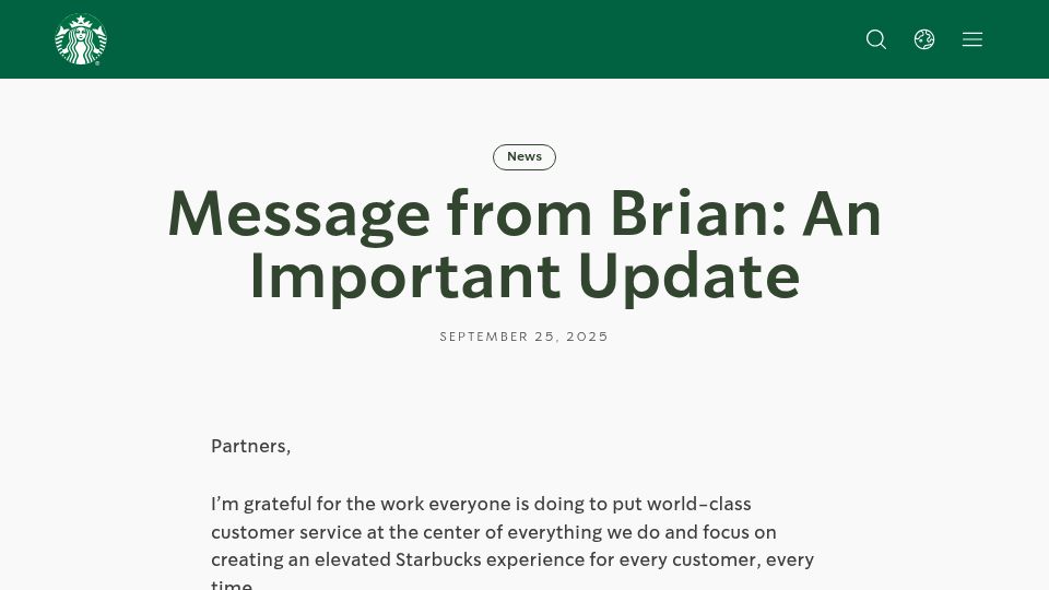 Screenshot of about.starbucks.com: Starbucks: Location closures and elimination of roles