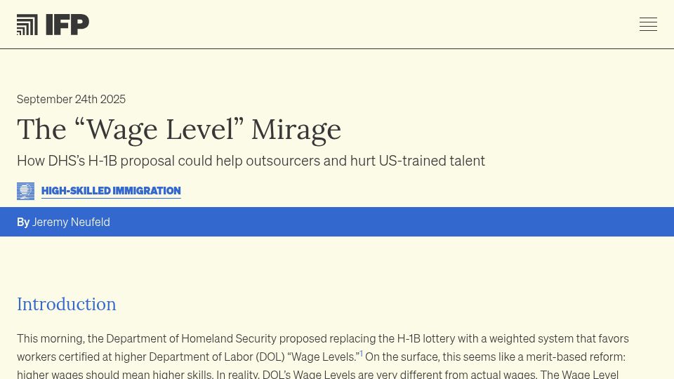 Screenshot of ifp.org: The "Wage Level" Mirage: H-1B proposal could help outsourcers and hurt US talent