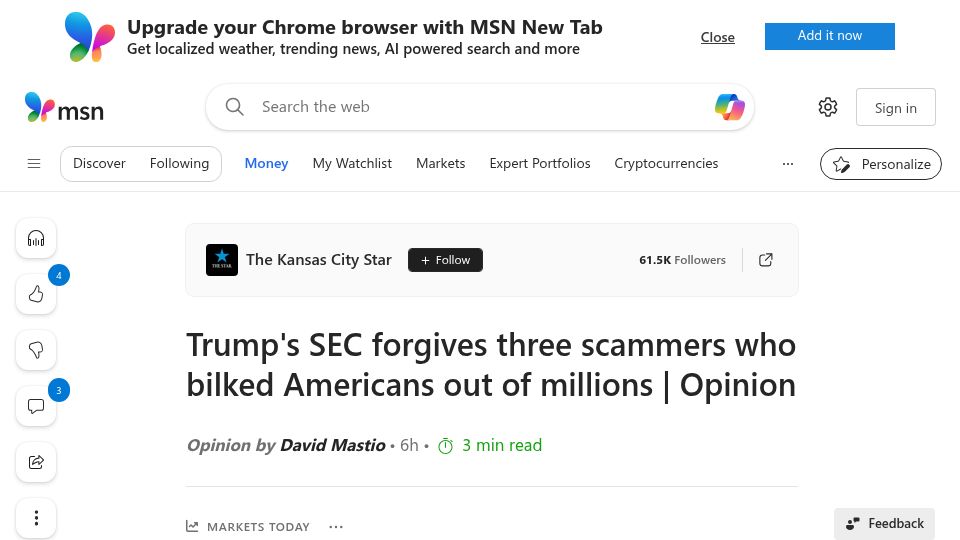 Screenshot of msn.com: SEC forgives three scammers who bilked Americans out of millions
