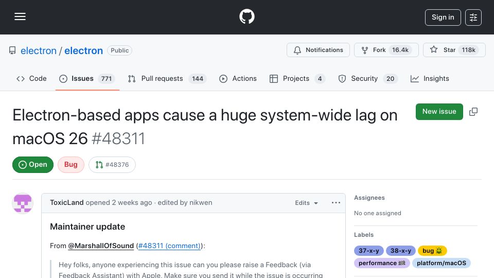 Screenshot of github.com: Electron-based apps cause system-wide lag on macOS 26 Tahoe