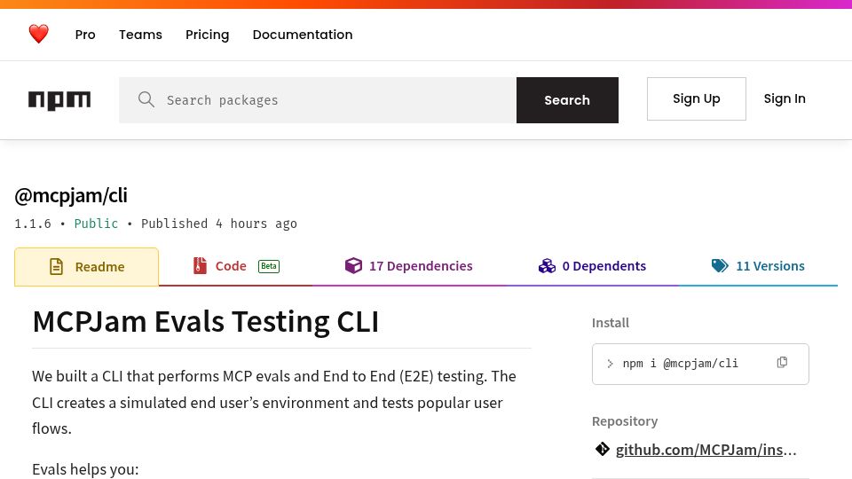 Screenshot of npmjs.com: I built a CLI to test and eval MCP servers